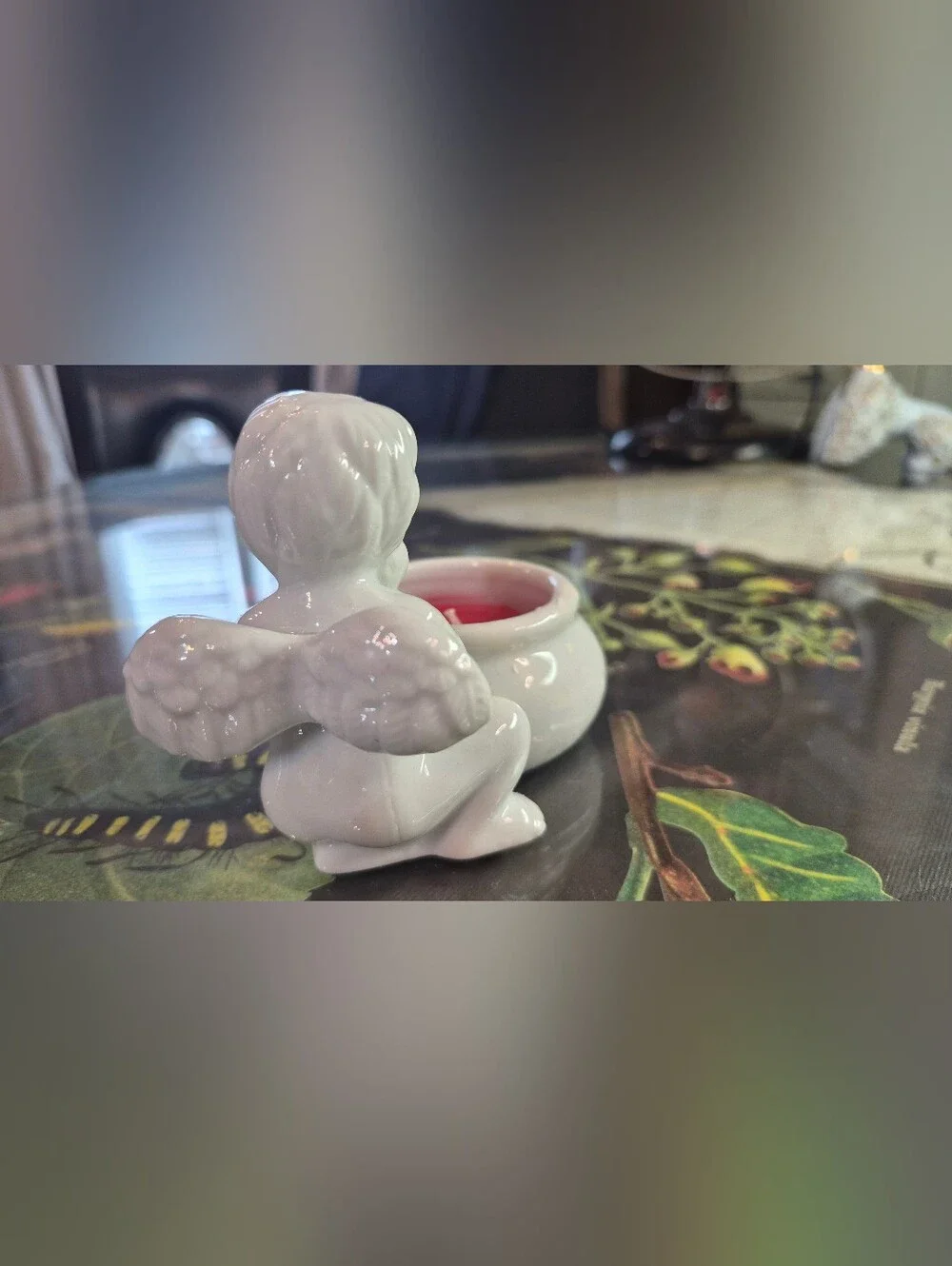 White Ceramic Cherub Candle Holder with Red Candle